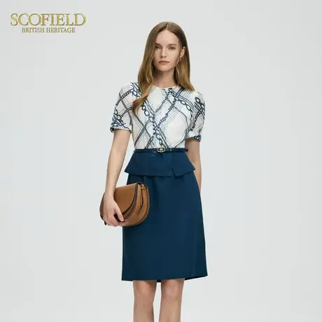 Scofield女装领口褶皱链条印花包容假两件连衣裙夏季裙子图片