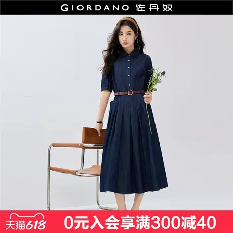 设计师款佐丹奴miu系连衣裙翻领压褶半开襟牛仔连衣裙女18465506图片