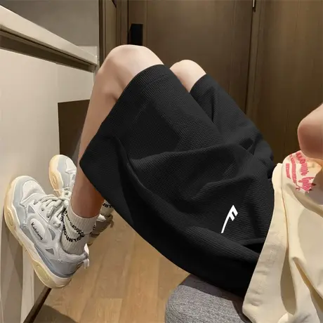 回力黑色运动短裤女2025新款夏季宽松显瘦休闲直筒华夫格三分裤子图片
