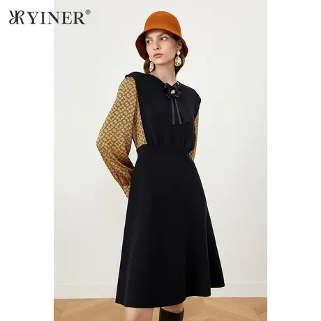 YINER音儿商场同款女装2021冬季新款蝴蝶结领拼接连衣裙图片