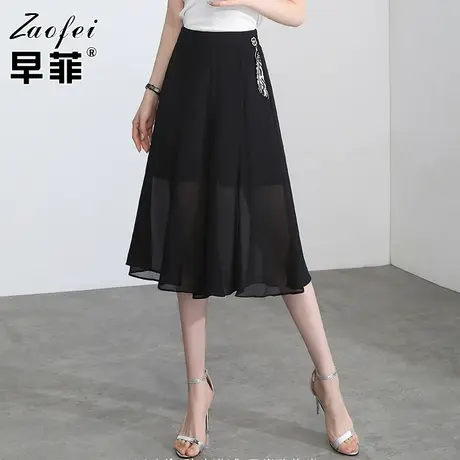 黑色显瘦宽松阔腿裤女夏薄款裤子2021新款高腰垂感雪纺裤七分裤子图片
