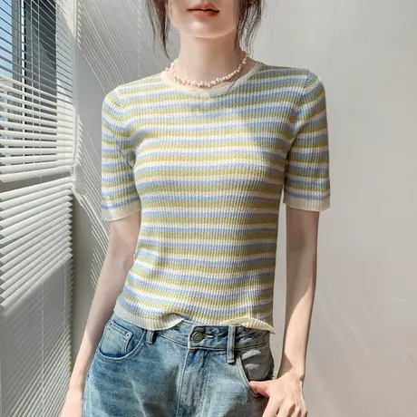 条纹短袖针织衫女2024夏季新款修身显瘦多巴胺穿搭设计感小众上衣图片