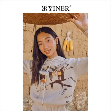 YINER音儿女装冬季抽绳连帽羊毛羊绒混纺针织衫上衣图片