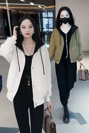 连帽拼接假两件棒球服外套女2023秋季新款休闲宽松时尚显瘦上衣潮图片
