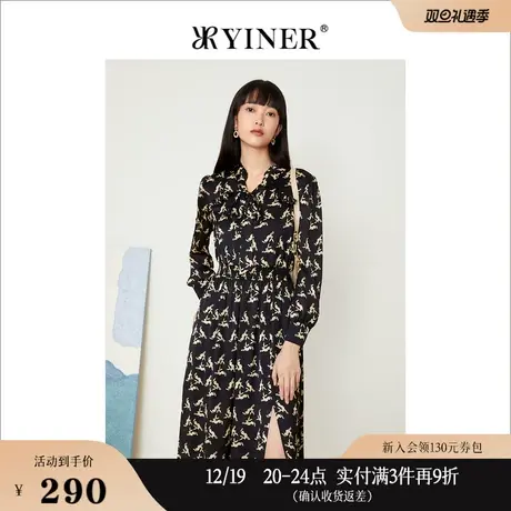 *Goodland美地女装秋季法式下摆开叉蝴蝶结碎花连衣裙图片