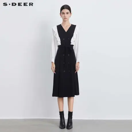sdeer圣迪奥女装V领双排扣荷叶边撞色收腰连衣裙S233Z12M2图片