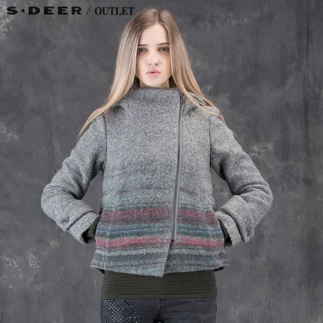 s.deer【新品】圣迪奥专柜正品女条纹撞色印花毛呢外套图片