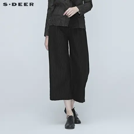 sdeer圣迪奥春装女装不规则英伦条纹通勤黑色阔腿长裤S20380827商品大图