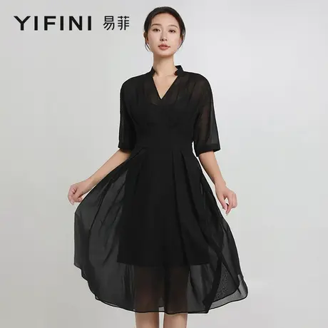 [专柜同款]Yifini/易菲100%棉两件套V领高腰气质连衣裙女夏装图片