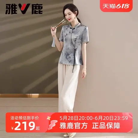 雅鹿妈妈装中老年新中式套装2025年夏季新款女士短袖宽松休闲上衣商品大图