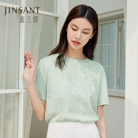 礼物】 真丝短袖T恤女前片100%桑蚕丝提花圆领舒适小衫金三塔图片