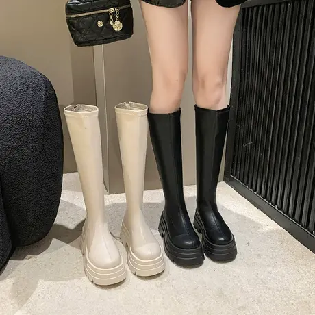 长筒靴女2023春秋季新款小个子法式复古瘦瘦靴厚底粗跟高跟骑士靴商品大图