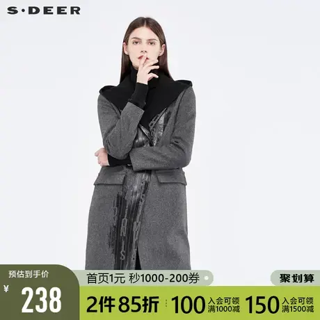 sdeer圣迪奥冬装个性字母印花假两件千鸟格连帽毛呢大衣S18481813图片