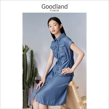 【牛仔系列】Goodland美地女装2023夏莱赛尔系带POLO领连衣裙图片