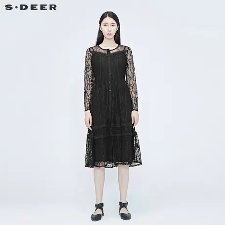 sdeer圣迪奥女装夏季复古镂空蕾丝黑色空调衫外套S20281801图片