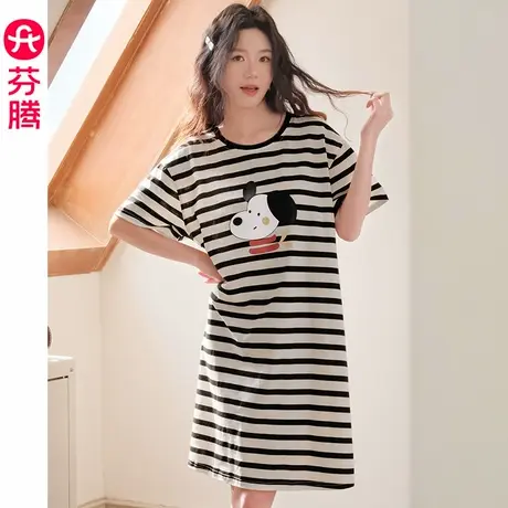 芬腾睡裙女夏季纯棉短袖条纹薄款睡衣裙可爱宽松家居服连衣裙夏天图片