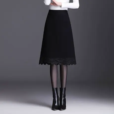 加厚毛呢裙半身裙女a字裙2023秋冬新款高腰蕾丝边中长款黑色伞裙图片
