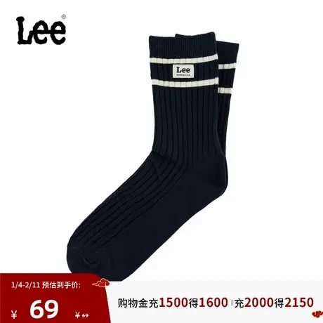 Lee韩国设计25秋冬新品舒适版织标Logo透气吸汗藏青色女中筒袜潮商品大图