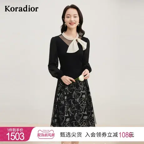 珂莱蒂尔女装2023秋季新款连衣裙拼接设计感v领印花雪纺连衣裙图片