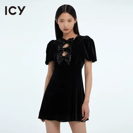 icy原创春季新款复古甜美蝴蝶结泡泡袖短款连衣裙纯欲茶歇小黑裙图片