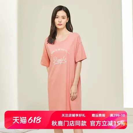 秋鹿纯棉睡裙女短袖家居裙时尚字母薄款睡衣裙中裙可外穿舒适夏款图片