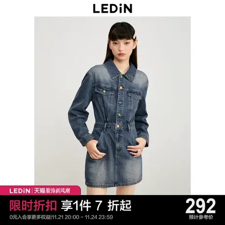 乐町复古牛仔长袖裙女23年秋季新款牛仔短裙彩色糖果扣休闲衬衫裙图片