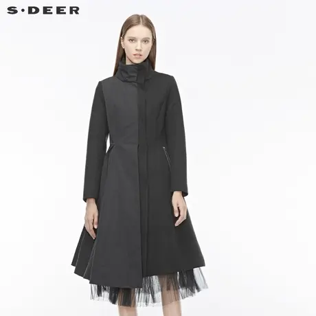 sdeer圣迪奥女装冬季高领拼接搭片不规则摆长款黑色大衣S19481824图片