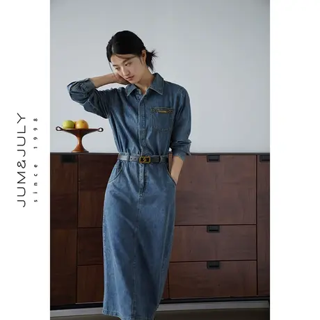嘉茱莉2023秋季新款软牛仔连衣裙女纯棉连衣裙薄款高腰长裙衬衫裙图片