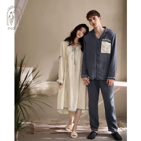 妮狄娅新款情侣睡衣女春秋季纯棉纱布长袖睡裙简约男士家居服套装商品大图