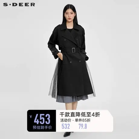 sdeer圣迪奥女装时尚翻领收腰网纱长款风衣S231Z1810图片