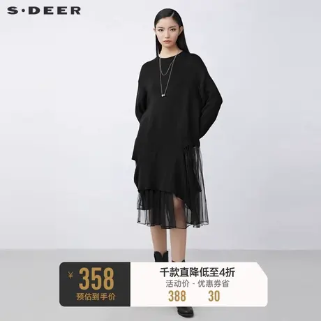 【商场同款】sdeer圣迪奥罗纹圆领网纱针织连衣裙S21481214图片