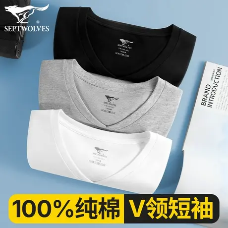 七匹狼v领男士短袖男款t恤纯棉吸汗衫打底上衣服宽松半袖夏季薄款图片