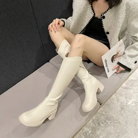 不过膝V口长靴女2023新款秋冬高筒显瘦长靴粗跟厚底小个子骑士靴图片