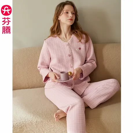 芬腾秋冬季睡衣女空气棉夹层纯棉长袖女士大码休闲格子家居服套装图片
