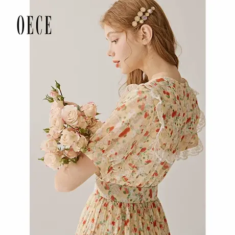 oece夏装新款女装仙气碎花法式少女感蕾丝翻领高腰雪纺连衣裙图片