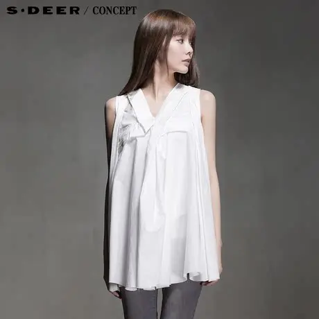 【淘清仓】sdeer圣迪奥女装新品禅意愫白无袖棉衬衫S15280624图片