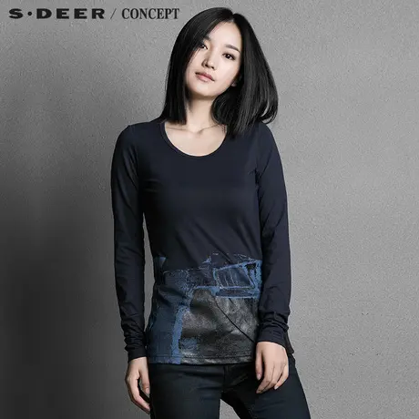 sdeer圣迪奥女装做旧质感抽象印花长袖T恤S15380281图片