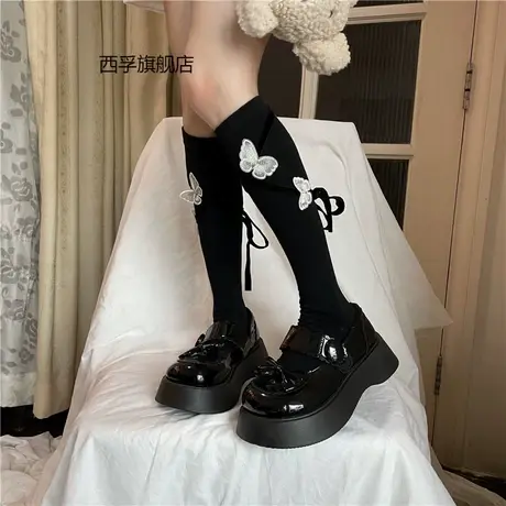 立体刺绣蝴蝶中筒袜交叉绑带棉质秋冬可爱日系小腿袜女图片