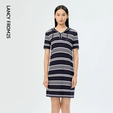 LANCY/悦朗姿女装夏季新款撞色条纹连帽连衣裙子女休闲套头裙图片