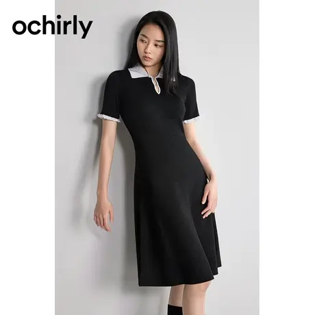 Polo领短袖针织连衣裙 ochirly欧时力2024新款春装撞色a字显瘦图片