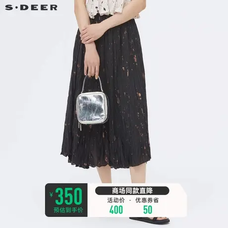 sdeer圣迪奥黑色半身裙垂坠感松紧复古褶皱印花A字长裙S22281104图片