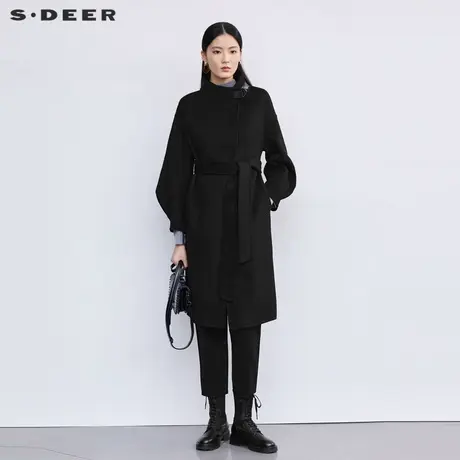 【直播间专属】sdeer圣迪奥冬装收腰泡泡袖毛呢长款大衣S224Z2531图片
