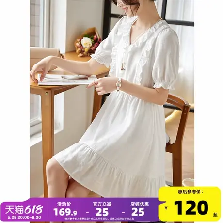 唐狮法式V领白色短袖连衣裙女夏季小个子仙女裙甜美女装裙子女r2图片