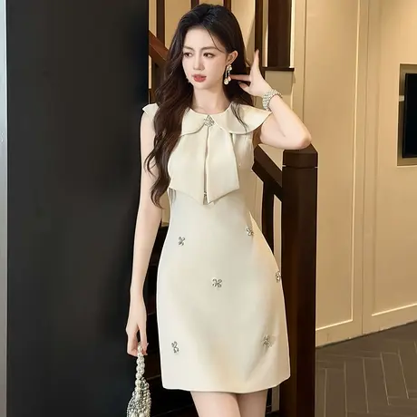 显高穿搭娃娃领无袖连衣裙夏季女名媛修身小个子轻奢气质包臀裙子图片