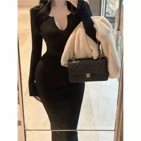 现货Onoev东大门性感开领女人味长袖包臀性感连衣裙长裙图片