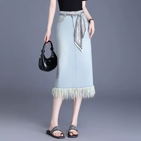 设计感流苏包臀牛仔裙女夏季2025新款显瘦半身裙中长款开叉一步裙图片