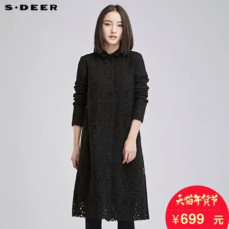 sdeer圣迪奥女装优美双层镂空纯黑长袖衬衫S16480511商品大图