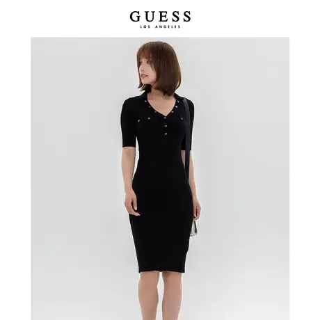 GUESS23新秋女士纯色极简舒适短袖衬衫V领连衣裙-W3YK45Z2YN2图片