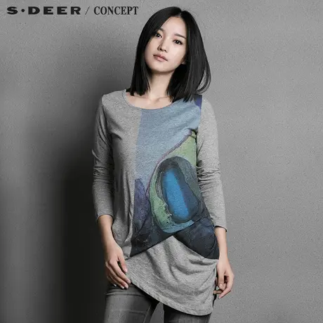 sdeer圣迪奥彩绘不规则圆领长袖T恤S15380282图片