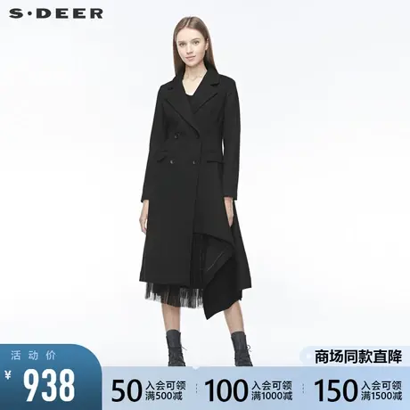 sdeer圣迪奥女装平驳领双排扣插袋不规则黑色毛呢大衣S19481857图片